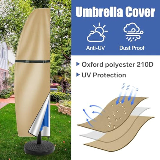 Teynewer Parasol Cover Waterproof, Cantilever Parasol Protective Cover with Telescopic Pole and Zipper Fit for 1 to 3 m Large Umbrella Patio Parasol Weatherproof UV-Anti Windproof, Khaki
