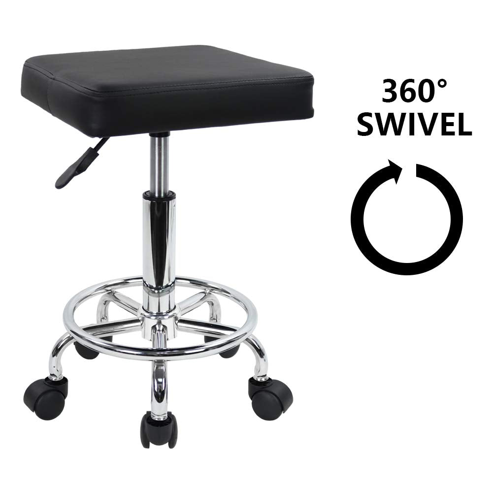 KKTONER Square Rolling Stool with Foot Rest PU Leather Height Adjustable Spa Drafting Salon Tattoo Work Swivel Stools Task Chair Small (Black)