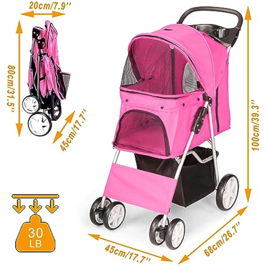 display4top Pet Travel Stroller Dog Cat Pushchair Pram Jogger Buggy With 4 Wheels (Pink)
