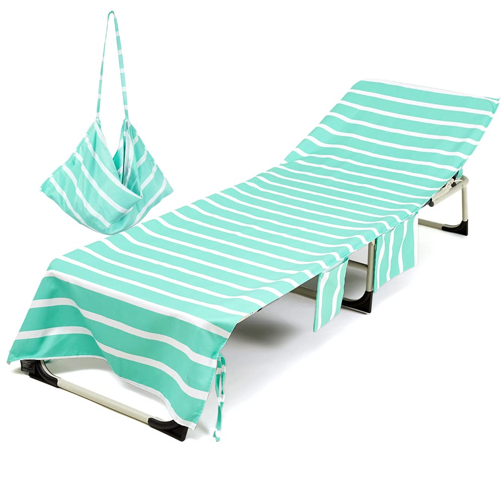 Morbuy Green Microfiber Beach Chair Cover Towel with Side Pockets and Shoulder Strap, Fits Most Lounges, Outdoor Living