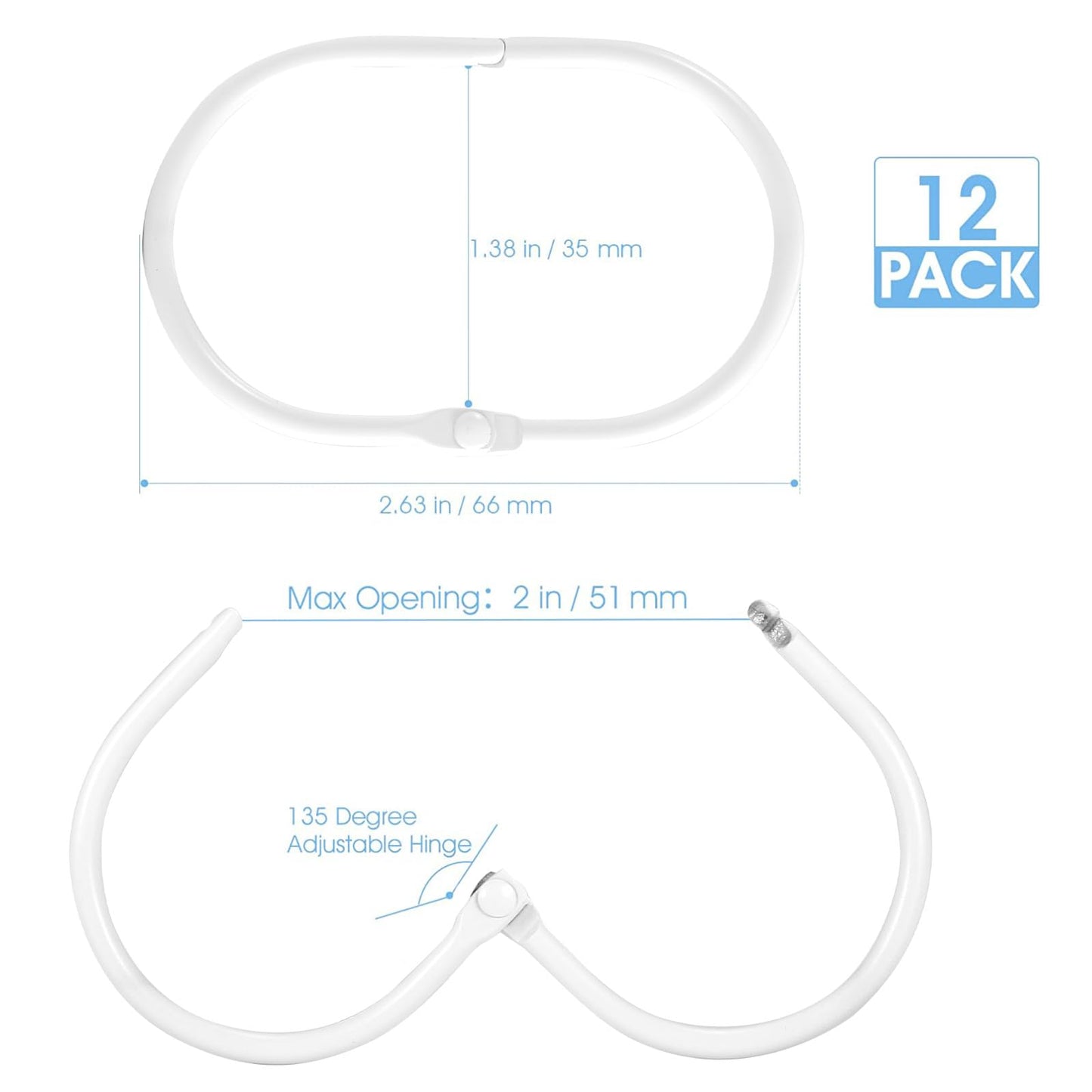 Goowin Shower Curtain Hooks, 12 Pcs Shower Curtain Rings Rust Proof Metal Oval Rings Clasp Closed Shower Curtain Rings for Bathroom Shower Rods
