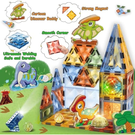 110PCS Magnetic Tiles Toys,Clear 3D Lighted Magnetic Building Blocks Educational Construction Set,Creativity Learning Magnet Dinosaur Toys for Kids Ages 3 4 5 6 7 8+ Year Old Boys Girls Toddlers