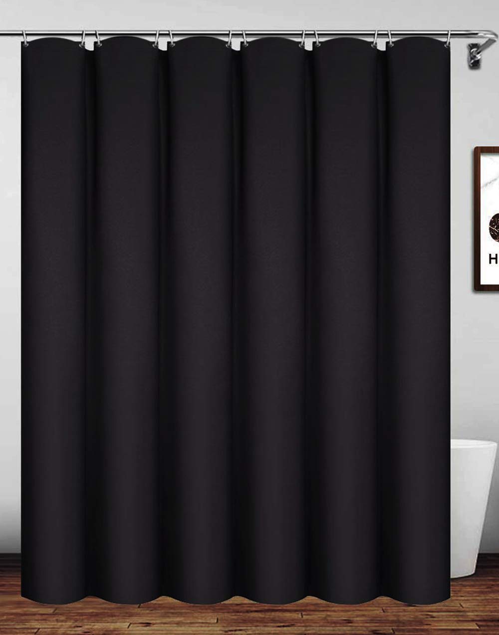 Homehold Waterproof Polyester Shower Curtain With Hooks, 180 x 200cm Black Bath Curtain