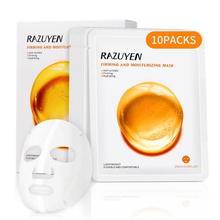 RAZUYEN Firming Face Sheet Masks (10 Sheets) With Hyaluronic Acid And Peptides, Anti Wrinkle, Moisturising & Hydrating face mask, Sheet Face Mask