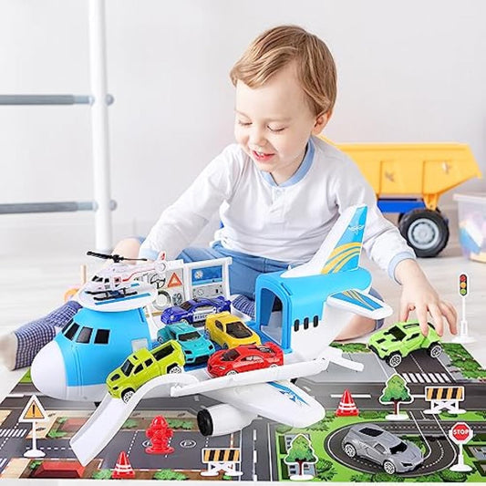 kramow Toys for 3 Year Old Boy, Cars Toy set, Airplane Toys, Transport Aeroplane with Play Mat, 8 Sports Cars, 1 Helicopter, 11 Traffic Signs, Cargo Plane Gifts for Kids Boys Girls age 3 4 5 6