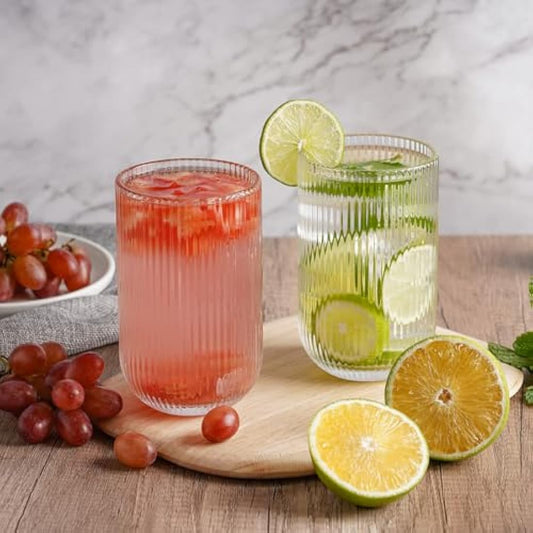 TKNO 6X 410ml Ribbed Highball Glasses Tall Hi Ball Glass Water Gin Juice Cocktail Drinking Glassware Origami Style Fluted Ripple Beverage Tumblers Set, Ideal for Home, Restaurant, Events & Parties