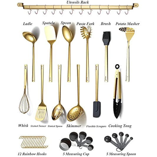 Gold Cooking Utensils Set,Kyraton Stainless Steel 37 Pieces Kitchen Utensils Set with Titanium Gold Plating,Kitchen Gadgets Cookware,Kitchen Tool Set with Utensil Holder. Dishwasher Safe