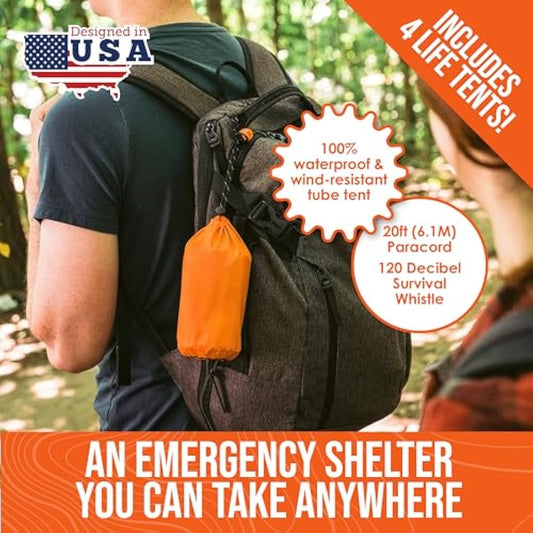 Go Time Gear Survival Life Tent • 2 Person Mylar Emergency Shelter Tube Tent + Paracord • All-Weather Protection for Camping, Hiking, & Survival Kits • Includes Emergency Whistle