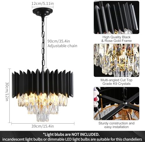 Modern Crystal Chandeliers 3-Tier K9 Round Crystal Chandeliers Light Fixture Small Black Ceiling Light Fixture for Dining Room Living Room Bedroom Entryway ,E14*5Light