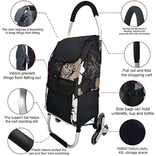 Folding Shopping Trolley 6 Wheels Stair Climber Cart with Removable Bag and Adjustable Elastic Cord 2 Extra Pockets Utility Trolley maximum capacity 50kg 45L (Flower)