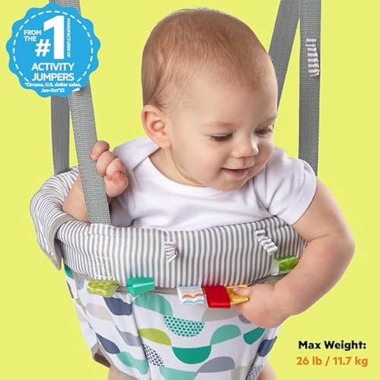 Bright Starts, Door Jumper & Bouncer - Playful Parade with Padded Seat & Taggie Tags, Door Frame Clamp, Adjustable Strap, Easy Storage & Transport, Ages 6 Months +