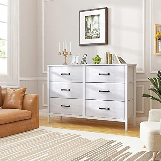 LYNCOHOME Chest of Drawers, TV Unit with 6 Drawers, TV Stand Cabinet with Deep and Large Drawers for Living Room,Bedroom, Sitting Room, White,30D x 110W x 82.5H