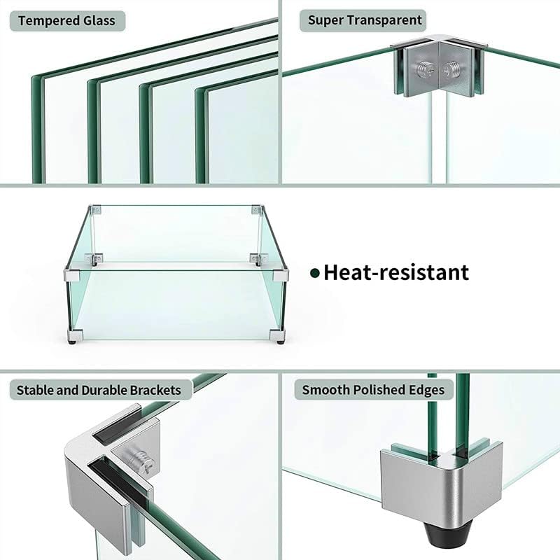 MESIDA 17.5"x17.5"x6" Fire Pit Glass Wind Guard, Tempered Glass Firepit Table Shield, Thick and Sturdy, with Hard Aluminum Corner Bracket & Rubber