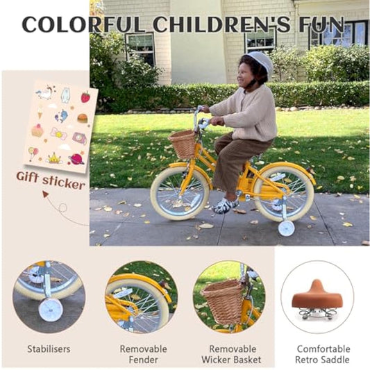 Glerc Little Molly 12 Inch Kids Retro Girls Bike for 2-13 Year Old with Wicker Basket & Stabilisers/Kickstand, Multiple Colors