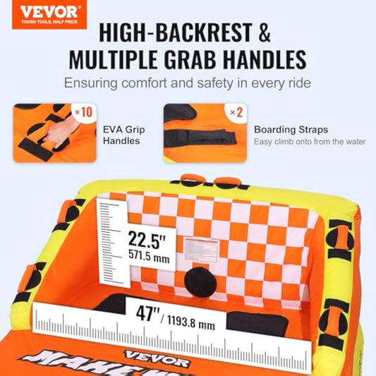 VEVOR Towable Tube for Boating, 1-2 Riders Inflatable Towable Tubes with Deck Seats and Backrest, 340 lbs Water Sport Tube for Boat to Pull, Full Nylon Cover, EVA Grab Handles and Speed Safety Valve