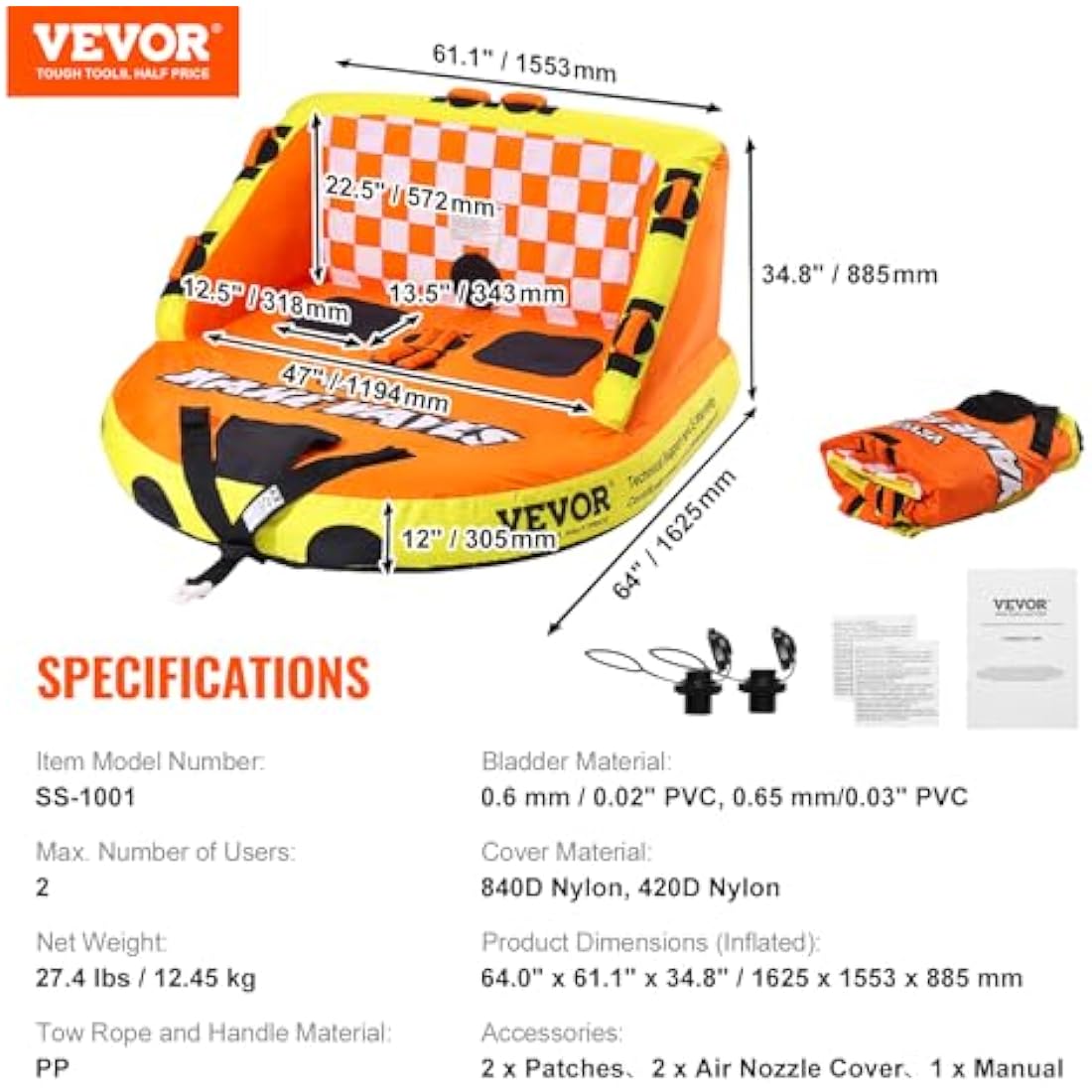 VEVOR Towable Tube for Boating, 1-2 Riders Inflatable Towable Tubes with Deck Seats and Backrest, 340 lbs Water Sport Tube for Boat to Pull, Full Nylon Cover, EVA Grab Handles and Speed Safety Valve