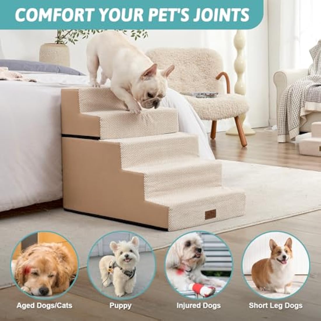 COZY KISS Wide Dog Stairs for Small Dogs, 2-in-1 Pet Steps for Couch Bed Sofa, 60cm High Non-Slip Dog Climbing Steps for Puppies and Old Cats with Support Board (Beige, 75x50x60cm, 5)
