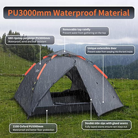 Cflity Camping Tent, 3 Man Instant Pop Up Tent Waterproof Three Layer Automatic Dome Tent, Large Lightweight 4 Seasons Tent, Backpacking Tent with Removable Rain-Fly 2 Extensible Porch for Camping