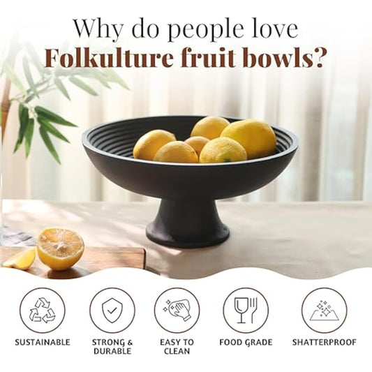 Folkulture Fruit Bowl or Fruit Basket for Table Décor, Decorative Bowl or Wooden Fruit Bowl for Groceries, 30cm Black Fruit Bowls for Kitchen, Mango Wood (Black Ribbed)