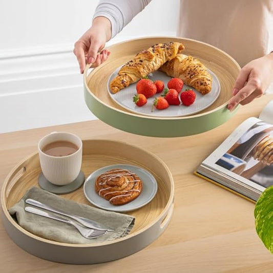 Dehaus® Stylish Wooden Bamboo Tray - Grey Large - Luxury Round Wood Lap Trays for Eating Dinner, Tea and Coffee Tray, Bar Drinks or Food Serving Trays with Handles - Eco Friendly