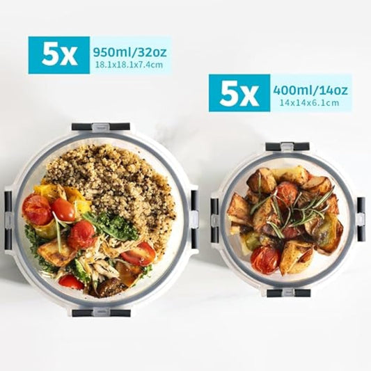 Igluu Meal Prep Glass Containers with Airtight Lids 10 Pack Round 2 Sizes 950ml and 400ml BPA-Free Meal Prep Containers Reusable – Borosilicate Glass, Oven Safe