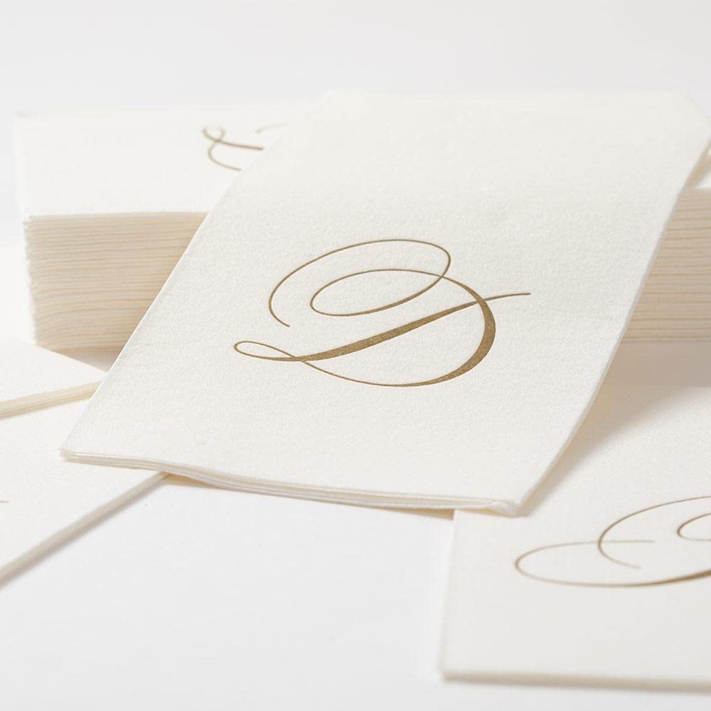 Caspari " Signature Gold Initial D Paper Linen Guest Towels, White Pearl, Pack of 24