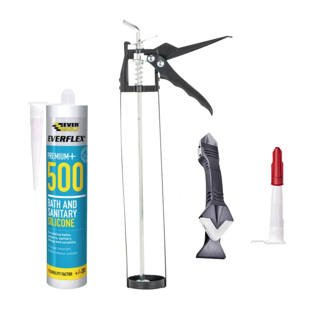 Bathroom Sealant Anti Mould White Silicone Bundle: Ever flex 500 Bath And Sanitary White 295ml, Skeleton Caulking Gun, Silicone Tool and Threaded