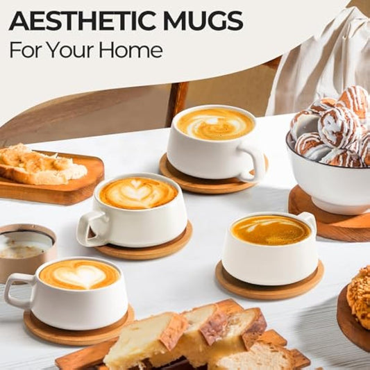 MIAMIO β 320 ml, Set of 4 Ceramic Tea Cup and Saucer Bamboo/Tea Mug - Wide Cappuccino Cup, Coffee Cups Ceramic Mug for Cappuccino, Latte, Espresso & Americano - Luxe Collection (White)