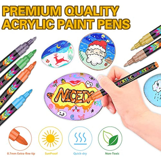 NICETY Acrylic Paint Pens Set - 72 Colours Paint Markers for Rock Painting Stone Glass Ceramic Wood Metal Fabric - 0.7mm Extra Fine Tip Water Based Acrylic Markers for Adults