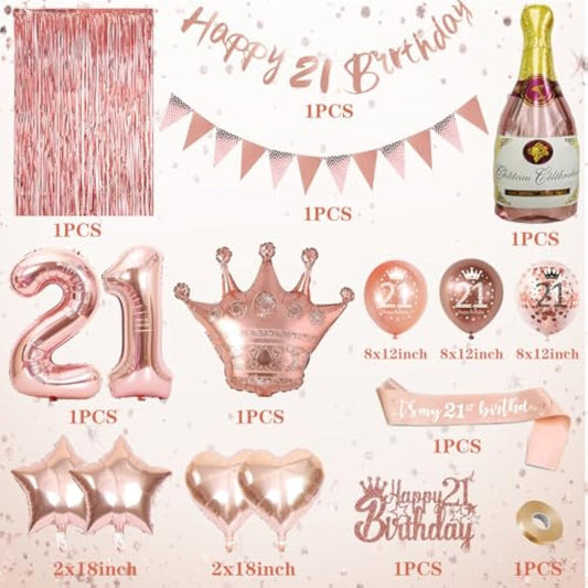 21st Birthday Decorations For Her, Rose Gold Birthday Decoration, Birthday Party Decorations Set With Rose Gold Balloons, Happy Birthday Banner, Champagne Balloon,Triangle Flag Banner