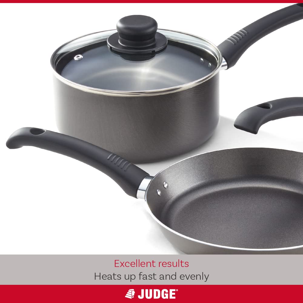 Judge Everyday Set of Pans Non-Stick, 5-Piece Set 16cm 18cm 20cm Saucepans, 20cm 24cm Frying Pans - 5 Year Guarantee