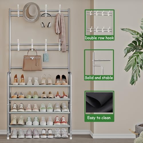 Dazioter Coat Rack Shoe Rack With Storage Shelf Freestanding with 8 Hooks for Entryway Bedroom (Grey, 4Tier)