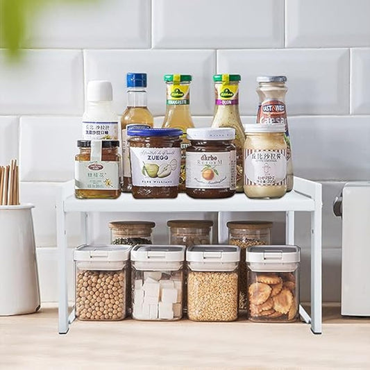 Goodsnetic Expandable Cabinet Shelf 13.8~26"(L), Stackable Kitchen Counter Organizer, 33LBS Heavy Duty Riser, Countertop Storage Pantry , Durable Metal Sink Shelf (White L)