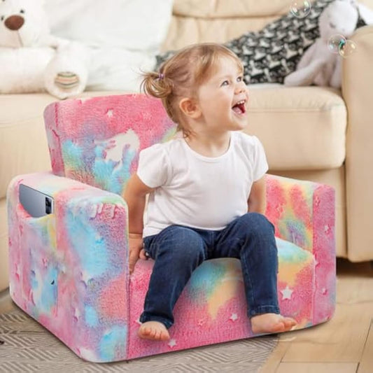 SLIGUY Toddler Couch, Kids Convertible Sofa to Lounger Pull Out Couch, Glow in the Dark Sofa Chair Gifts for Boys and Girls (Pink Unicorn)
