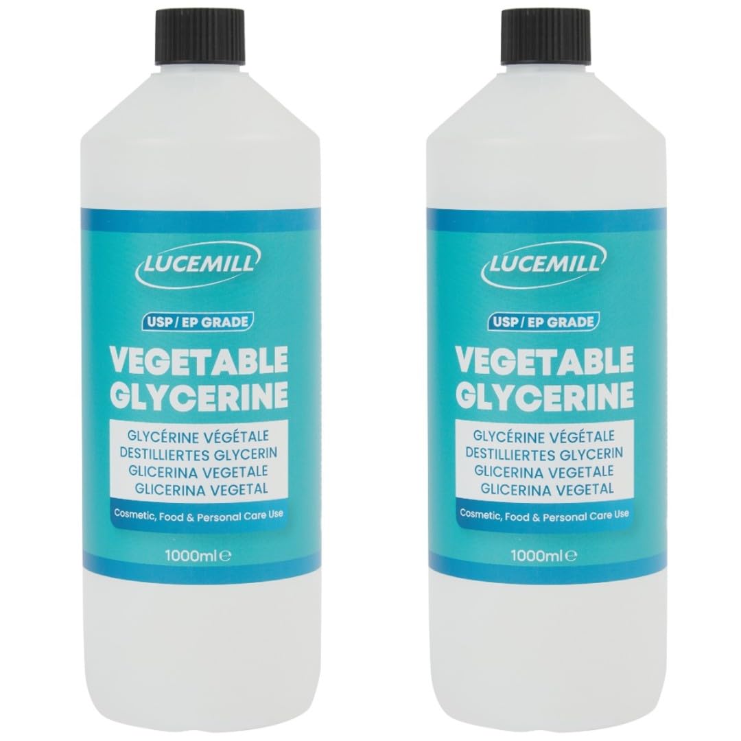 Lucemill Vegetable Glycerin (VG) I 2 x 1 Litre I 99.5% High Purity Glycerine for Skin, Hair, Food Grade, Baking & Cleaning I Organic, Non-GMO I BP/EP
