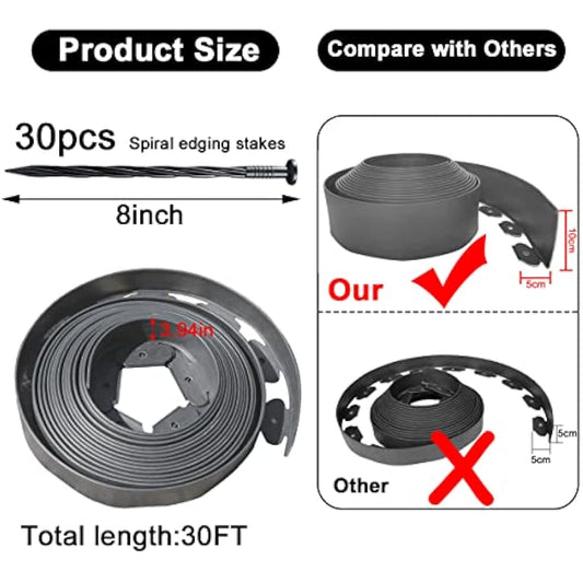 Flexible Garden Edging Borders 10m,Landscape Edging Extra Tall 10cm Highwith 30pcs Stakes, No Dig Garden Border Lawn Edging Mini Plastic Fence for Flowerbeds,Grass-Grey