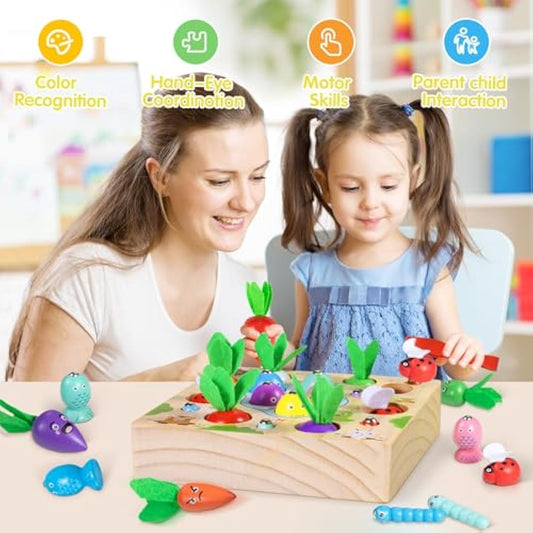 COOLJOY Wooden Fishing Game Toy, 4 In 1 Magnetic Montessori Toys for 2 Year Olds, Carrots Harvest Toy Shape Sorter, Toddler Educational Gift for 2 3 4 Year Olds Girls Boys