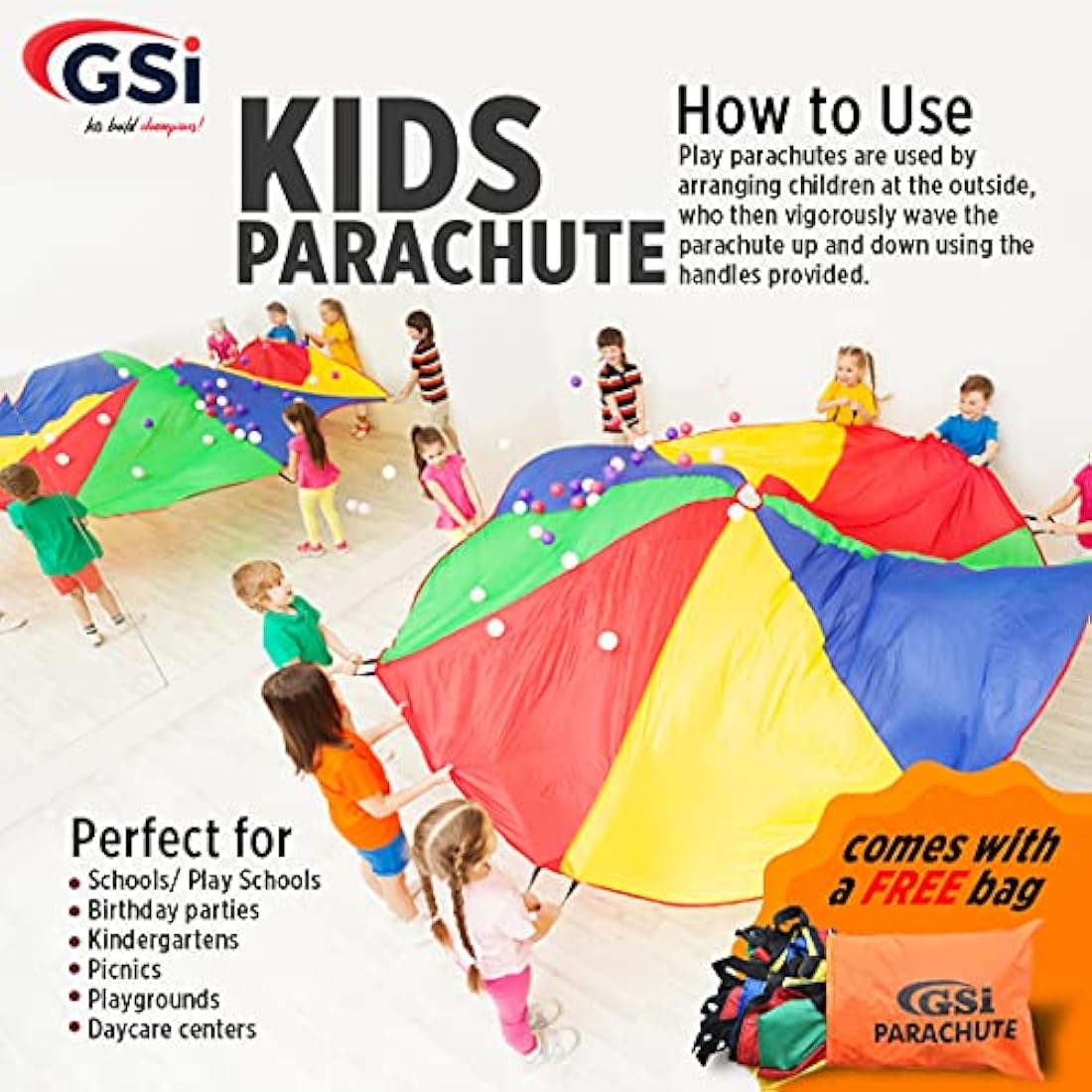 GSi Kids Play Parachute Rainbow Parachute Toy Tent Game for Children Gymnastic Cooperative Play and Outdoor Playground Activities (35 Feet)