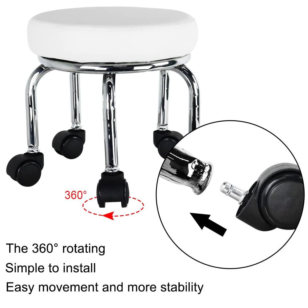 WKWKER Small Rolling Stool PU Leather Rotating Seat 360° Swivel Low Round Stool with Universal Wheels for Home Massage Garden Office Garage Shop
