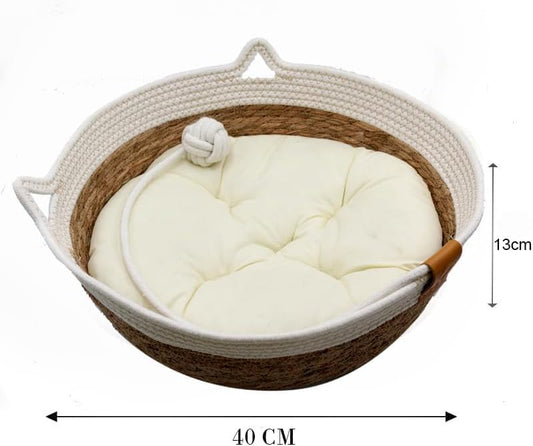 Rukuapid Rattan Cat Basket Bed with Cotton Cushion and Pillow, Wicker Kitten Basket with Toy Ball, Round Cat Beds for Indoor Cats Woven Cat Sleeping