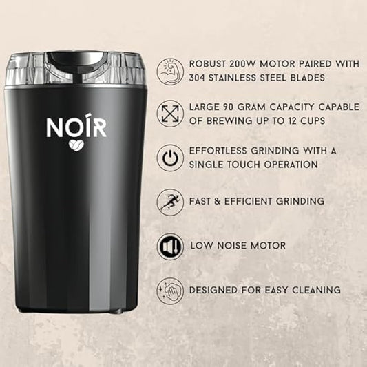 NOÍR Electric Coffee & Spice Grinder, 200W Motor, 90g Capacity, 304 Stainless Steel Blade, Safety Lock, Safe & Durable, Easy to Clean, Free Cleaning Brush Included