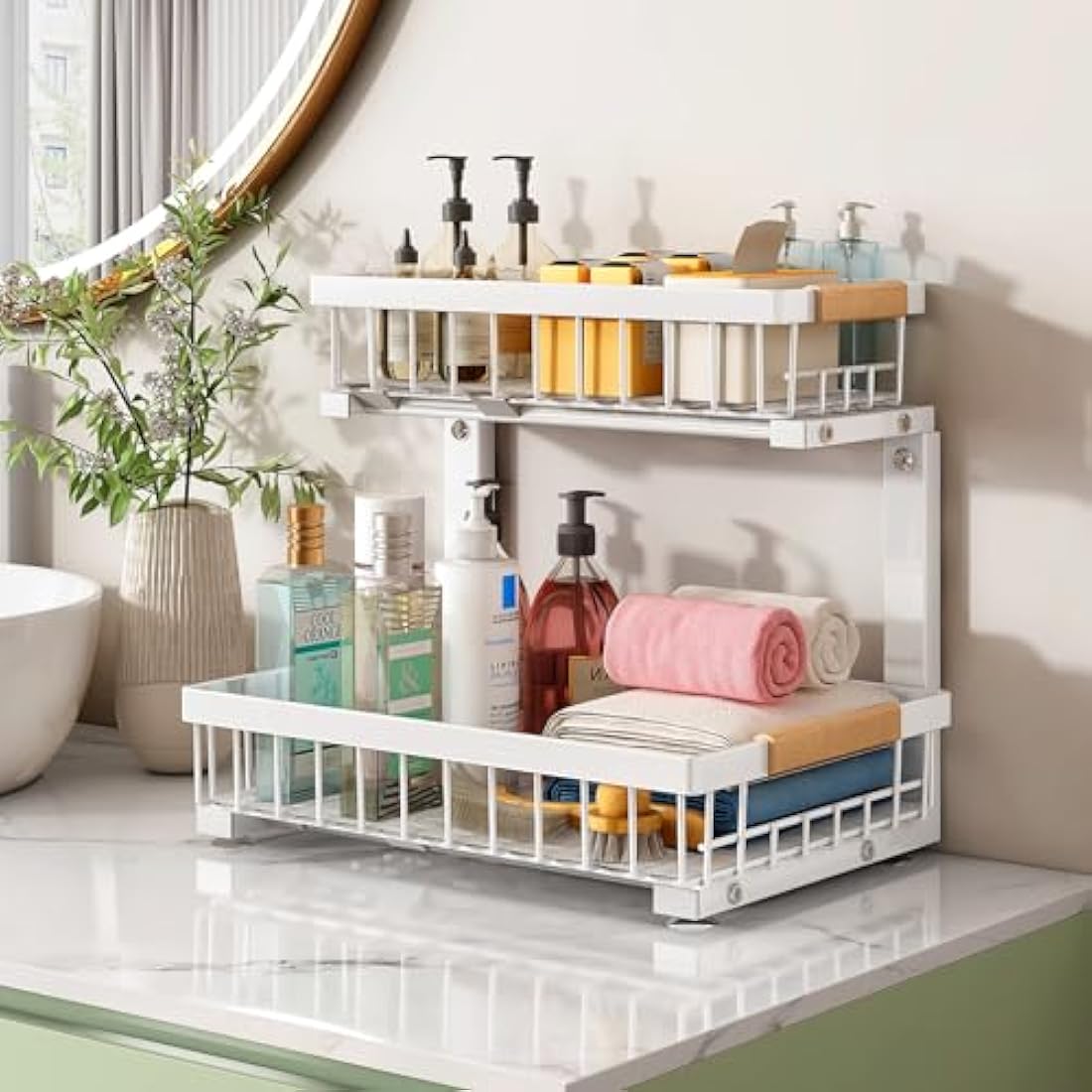 Kitstorack 2 Pack Under Sink Storage, 2 Tier Metal Pull Out Kitchen Under Sink Organiser, Under Cupboard Storage for Kitchen Bathroom Cabinet Organization Rack,White