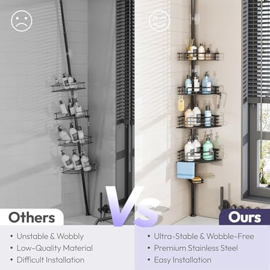 SWTYMIKI Telescopic Shower Caddy Corner - Rustproof Shower Corner Shelves with Towel Bar & Soap Holder, Adjustable No Drilling Organizer for Bathroom Storage With 4 Baskets,27.6-108.3 inch, Black
