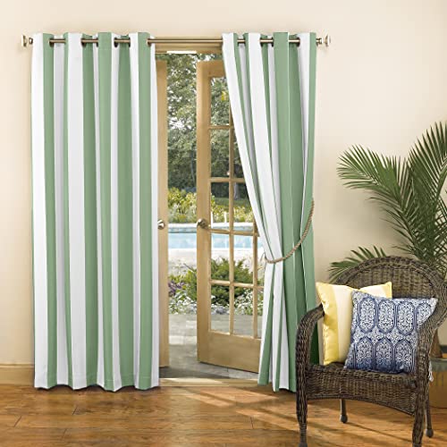 Sun Zero Valencia 2-Pack Cabana Stripe Indoor/Outdoor UV Protectant Energy Efficient Grommet Curtain Panel Pair, Spa Green, 54" x 84"