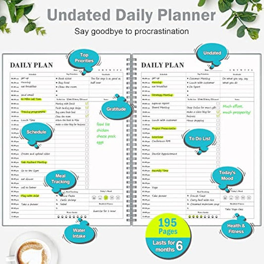 Planner Undated, Asten Daily Planner Agenda with to Do List, Hourly Schedules for Women and Men, Spiral Appointment Book with Elastic Closure, Inner Pocket 21.6 x 28cm (Gray)