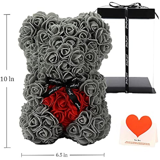 Gifts for Women,Birthday Gifts ,Rose Flower Bear-Hand Made Rose Teddy Bear,Best Artificial Decoration Gifts for mom, Gifts for Girls,Unique Gifts,The Perfect Party Clear Gift Box (Gray)