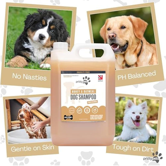 Oatmeal Dog Shampoo PRITTY PETS 5 LITRE Oatmeal Shampoo for Dogs - Professional PH Balanced, Cruelty Free, Silicone & Paraban Free, Puppy Friendly Dog Grooming Shampoo - Made in the UK (5L)