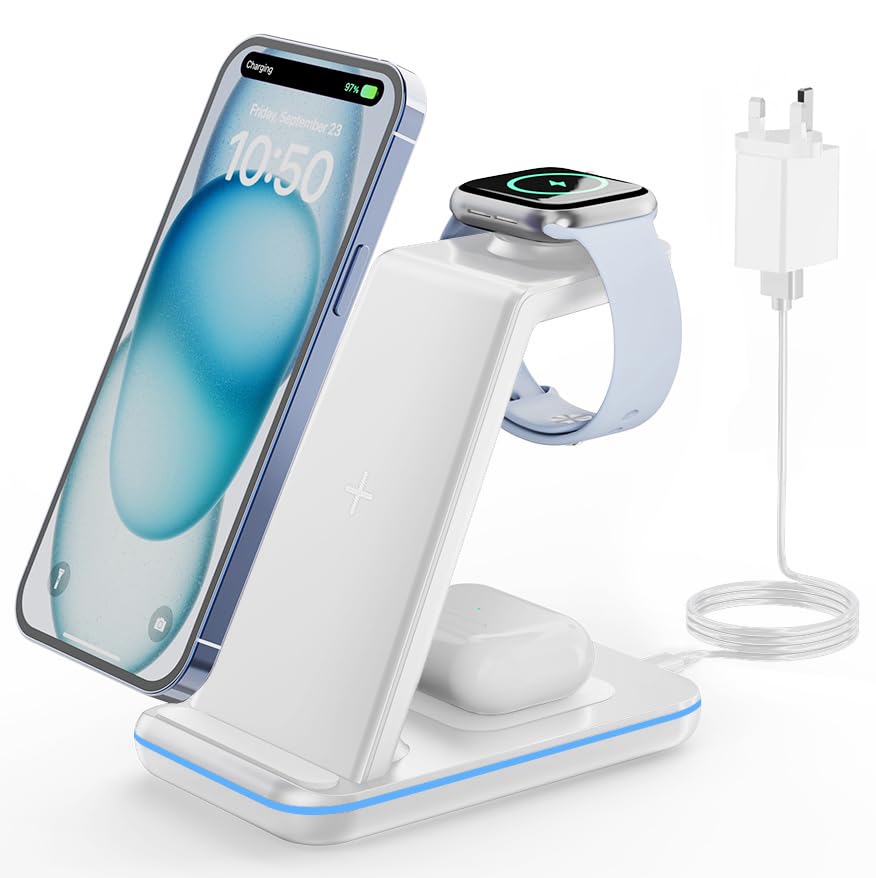 GEEKERA Wireless Charger Stand, 3 in 1 Wireless Charging Station for iPhone Air/17/16/15/14/13/12/11/XS/XR/X/8, Fast Charging Stand for Apple Watch
