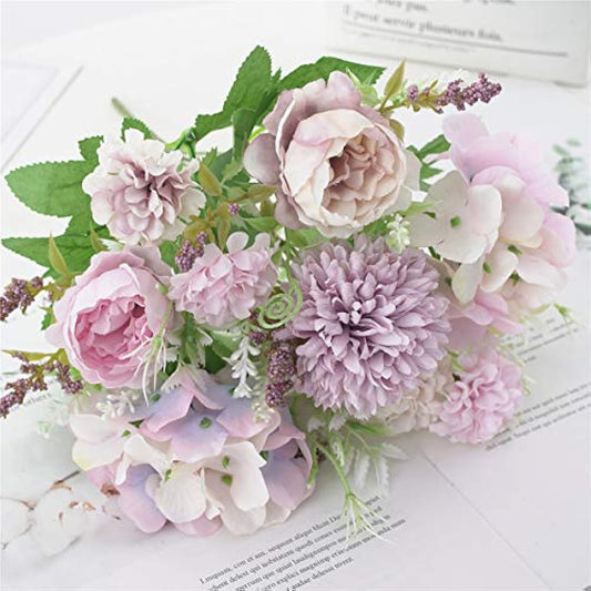 Artificial Flowers, 2 Pcs Fake Peony Silk Light Purple Hydrangea Bouquet Decor Plastic Carnations Daisy Realistic Flower Arrangements Wedding Decoration Table Centerpieces,for Home Office Party Decor