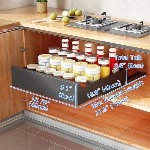 SAYZH Pull Out Cabinet Organizer, Slide Out Drawer Storage Shelves for Kitchen Cupboard, Roll-Out Extendable Sliding Drawer, (40 CM W x 43 CM D x 9CM